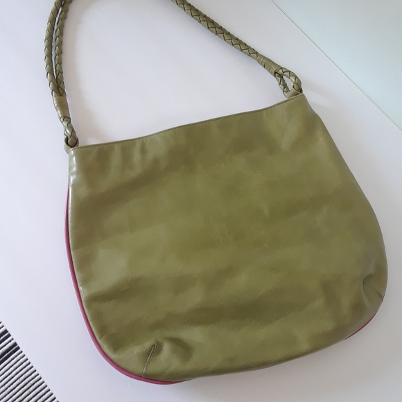 Vintage Y2K Genuine Leather Boho Green and Pink Tassel Handbag - Picture 3 of 7